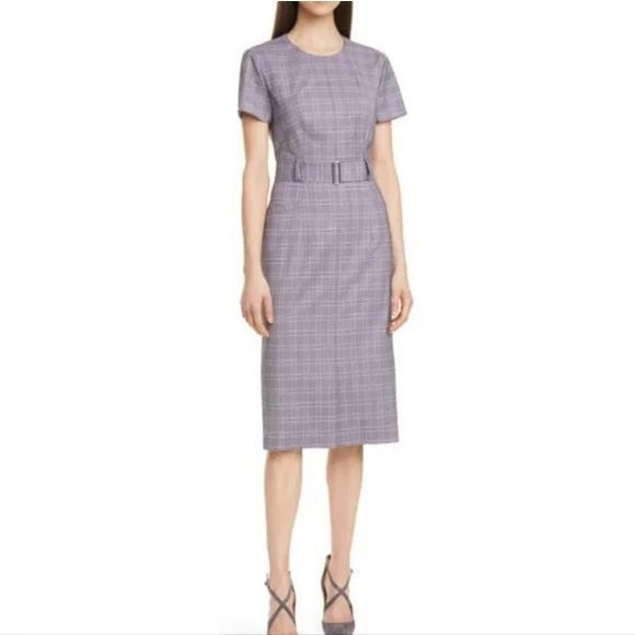 Hugo Boss Danetty Plaid Belted Sheath Dress In Lilac Fantasy Size 14 - Picture 1 of 10